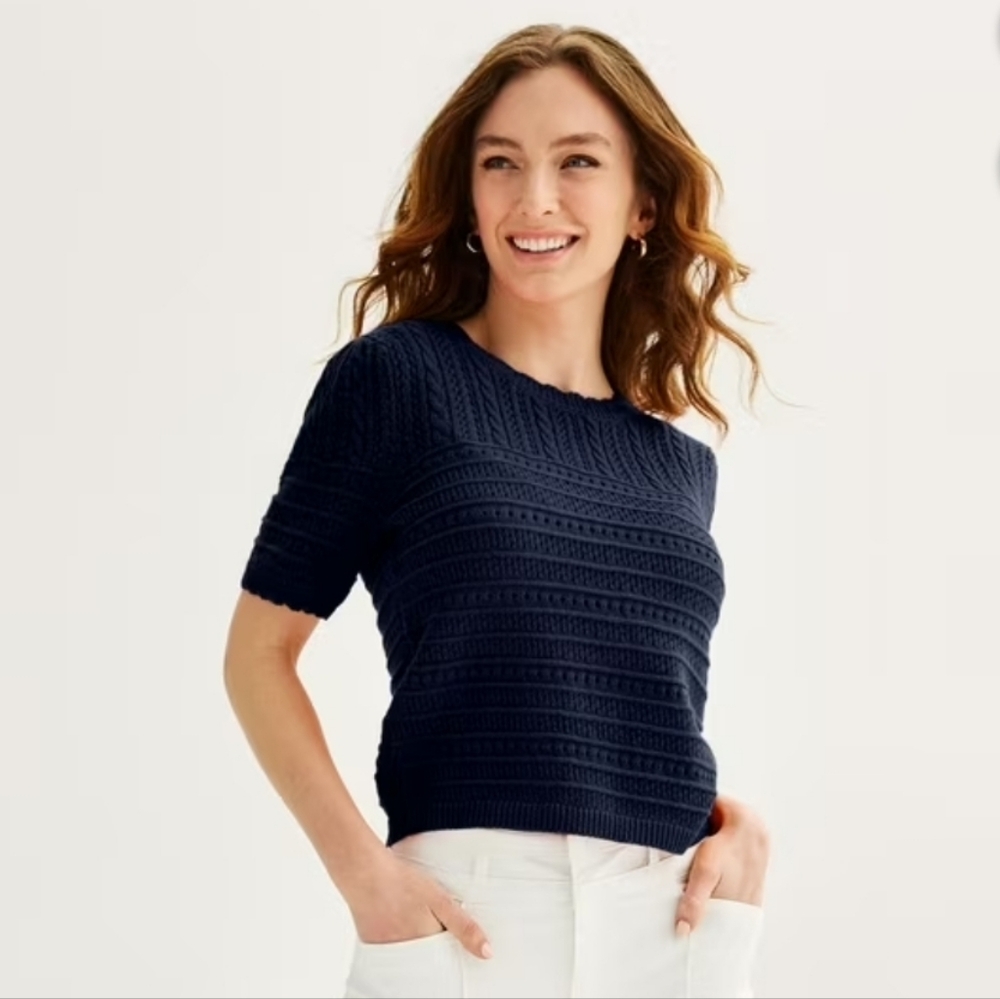 Draper James Navy Short Sleeve Sweater Open Knit Medium